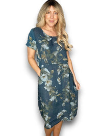 HELGA MAY_JUNGLE DRESS LINEN TRUMPET FLOWER DARK JADE _ JUNGLE DRESS LINEN TRUMPET FLOWER DARK JADE _ Ebony Boutique NZ