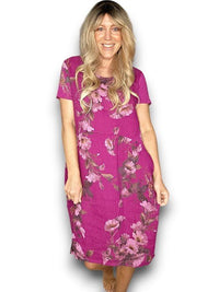 HELGA MAY_JUNGLE DRESS LINEN TRUMPET FLOWER PLUM _ JUNGLE DRESS LINEN TRUMPET FLOWER PLUM _ Ebony Boutique NZ