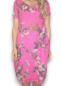 HELGA MAY_JUNGLE DRESS LINEN TRUMPET HOT PINK _ JUNGLE DRESS LINEN TRUMPET HOT PINK _ Ebony Boutique NZ
