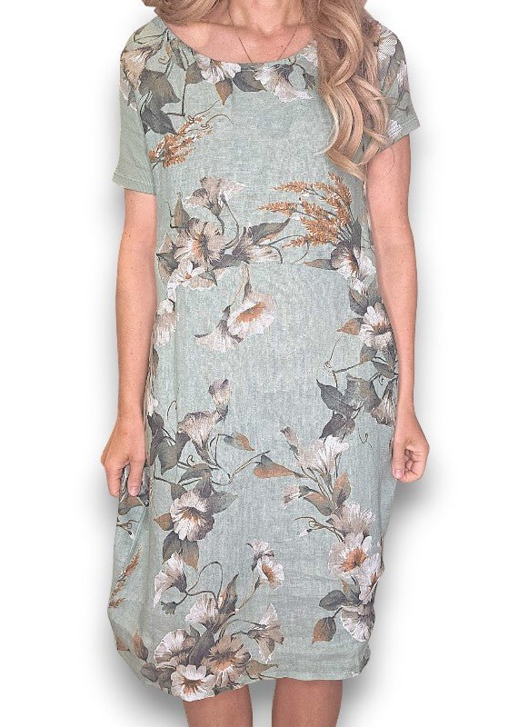 HELGA MAY_JUNGLE DRESS LINEN TRUMPET SAGE _ JUNGLE DRESS LINEN TRUMPET SAGE _ Ebony Boutique NZ