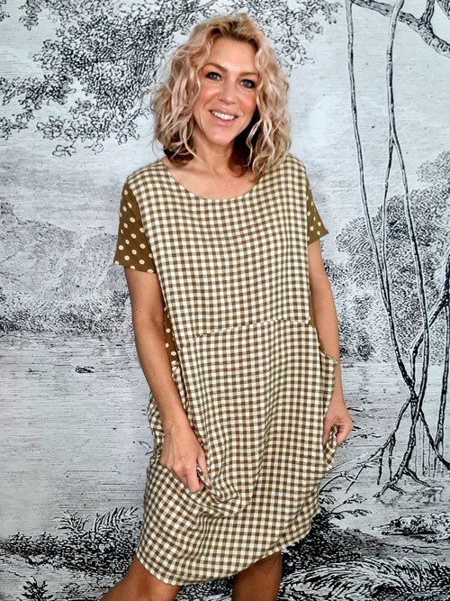 HELGA MAY_JUNGLE DRESS VISCOSE/COTTON CHECK POLKA CHOCOLATE _ JUNGLE DRESS VISCOSE/COTTON CHECK POLKA CHOCOLATE _ Ebony Boutique NZ