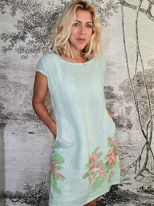 HELGA MAY_KENNEDY DRESS LINEN BELLA ROSE MINT _ KENNEDY DRESS LINEN BELLA ROSE MINT _ Ebony Boutique NZ