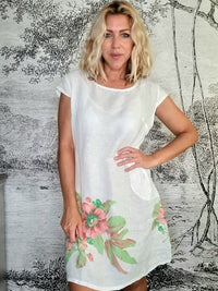 HELGA MAY_KENNEDY DRESS LINEN BELLA ROSE WHITE _ KENNEDY DRESS LINEN BELLA ROSE WHITE _ Ebony Boutique NZ