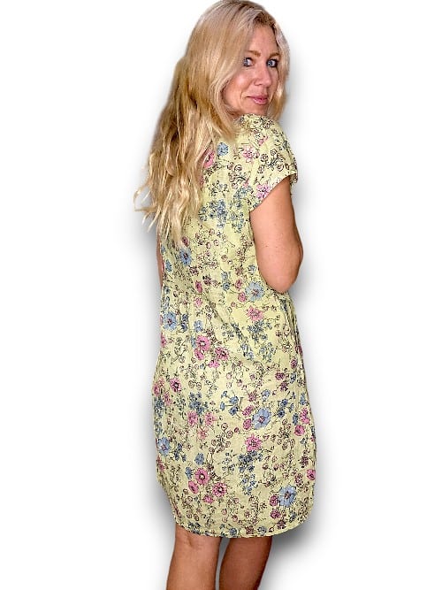 HELGA MAY_KENNEDY DRESS LINEN GRAPHIC BLOOM LIME _ KENNEDY DRESS LINEN GRAPHIC BLOOM LIME _ Ebony Boutique NZ