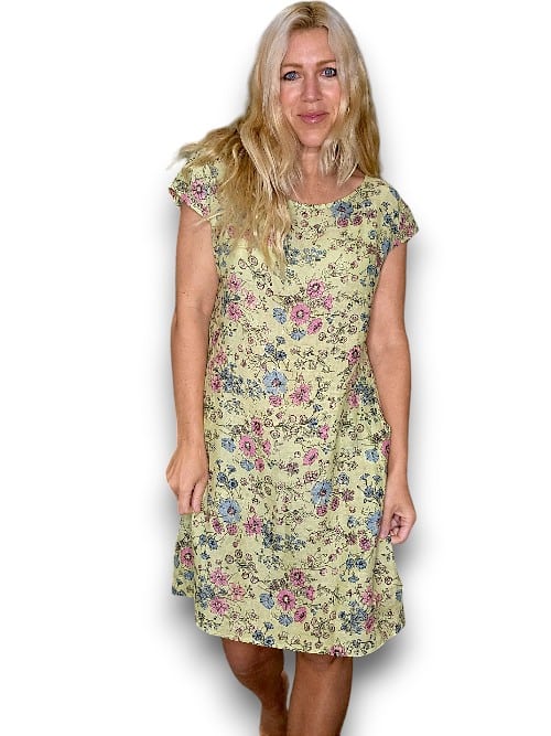 HELGA MAY_KENNEDY DRESS LINEN GRAPHIC BLOOM LIME _ KENNEDY DRESS LINEN GRAPHIC BLOOM LIME _ Ebony Boutique NZ