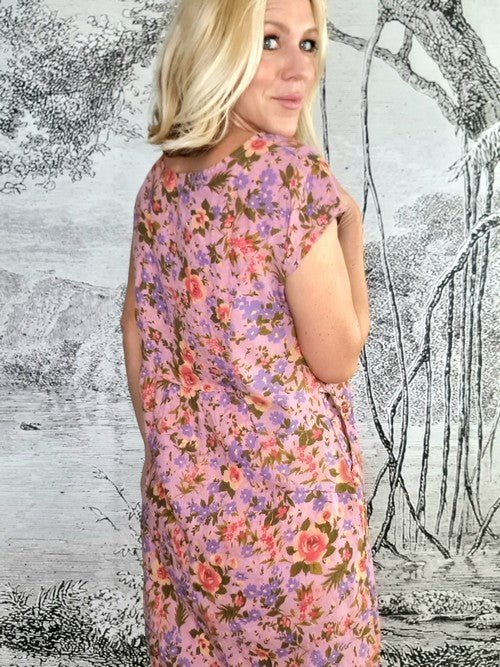 HELGA MAY_KENNEDY DRESS LINEN MULTI ROSE BERRY _ KENNEDY DRESS LINEN MULTI ROSE BERRY _ Ebony Boutique NZ