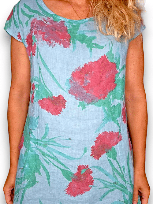 HELGA MAY_KENNEDY DRESS LINEN THISTLE IN RED LIGHT TURQUOISE _ KENNEDY DRESS LINEN THISTLE IN RED LIGHT TURQUOISE _ Ebony Boutique NZ