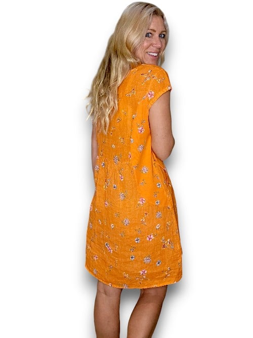 HELGA MAY_KENNEDY DRESS LINEN WINDY BLOOM BRIGHT ORANGE _ KENNEDY DRESS LINEN WINDY BLOOM BRIGHT ORANGE _ Ebony Boutique NZ