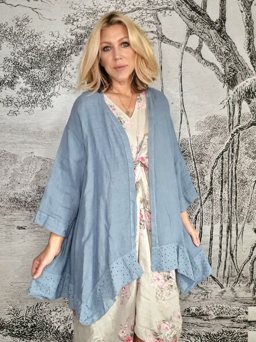 LACE HEM JACKET LINEN PETROL_by_HELGA MAY_women's_in_New Zealand_ HELGA MAY_LACE HEM JACKET LINEN PETROL _ LACE HEM JACKET LINEN PETROL _ Ebony Boutique NZ _