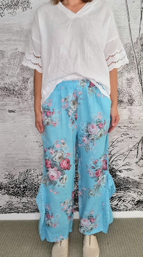 HELGA MAY_LACE LEG PANT LINEN HIGH TEA AQUA BLUE _ LACE LEG PANT LINEN HIGH TEA AQUA BLUE _ Ebony Boutique NZ