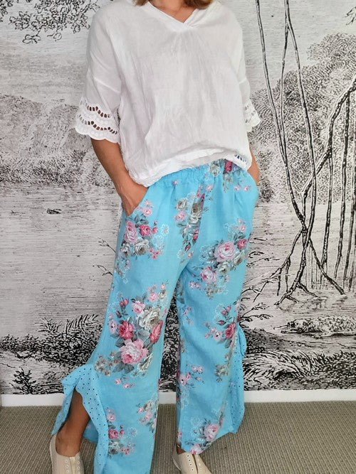 HELGA MAY_LACE LEG PANT LINEN HIGH TEA AQUA BLUE _ LACE LEG PANT LINEN HIGH TEA AQUA BLUE _ Ebony Boutique NZ