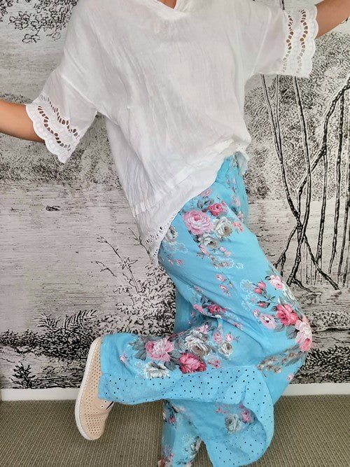 HELGA MAY_LACE LEG PANT LINEN HIGH TEA AQUA BLUE _ LACE LEG PANT LINEN HIGH TEA AQUA BLUE _ Ebony Boutique NZ