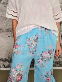 HELGA MAY_LACE LEG PANT LINEN HIGH TEA AQUA BLUE _ LACE LEG PANT LINEN HIGH TEA AQUA BLUE _ Ebony Boutique NZ