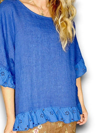 HELGA MAY_LINEN EYELET LACE EDGE TUNIC TOP COBALT _ LINEN EYELET LACE EDGE TUNIC TOP COBALT _ Ebony Boutique NZ