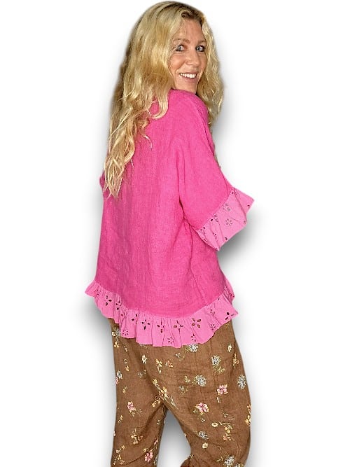 HELGA MAY_LINEN EYELET LACE EDGE TUNIC TOP HOT PINK _ LINEN EYELET LACE EDGE TUNIC TOP HOT PINK _ Ebony Boutique NZ