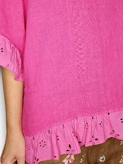 HELGA MAY_LINEN EYELET LACE EDGE TUNIC TOP HOT PINK _ LINEN EYELET LACE EDGE TUNIC TOP HOT PINK _ Ebony Boutique NZ