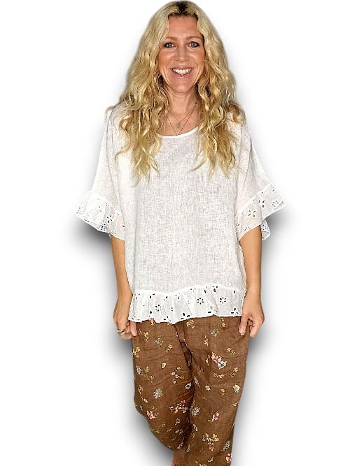 HELGA MAY_LINEN EYELET LACE EDGE TUNIC TOP WHITE _ LINEN EYELET LACE EDGE TUNIC TOP WHITE _ Ebony Boutique NZ