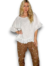 HELGA MAY_LINEN EYELET LACE EDGE TUNIC TOP WHITE _ LINEN EYELET LACE EDGE TUNIC TOP WHITE _ Ebony Boutique NZ