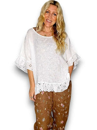 HELGA MAY_LINEN EYELET LACE EDGE TUNIC TOP WHITE _ LINEN EYELET LACE EDGE TUNIC TOP WHITE _ Ebony Boutique NZ