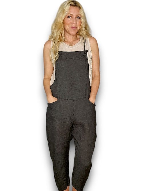 HELGA MAY_LINEN JUMPSUIT TIE IT YOUR WAY CHARCOAL _ LINEN JUMPSUIT TIE IT YOUR WAY CHARCOAL _ Ebony Boutique NZ