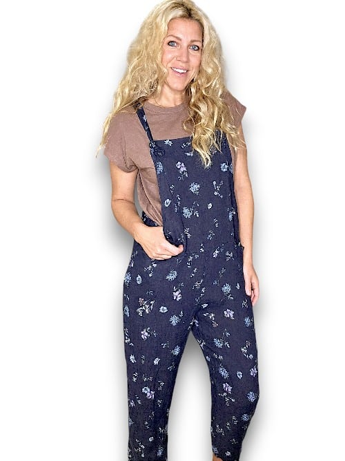 HELGA MAY_LINEN JUMPSUIT TIE IT YOUR WAY WINDY BLOOM NAVY _ LINEN JUMPSUIT TIE IT YOUR WAY WINDY BLOOM NAVY _ Ebony Boutique NZ