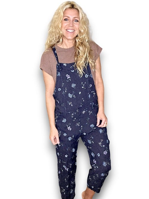 HELGA MAY_LINEN JUMPSUIT TIE IT YOUR WAY WINDY BLOOM NAVY _ LINEN JUMPSUIT TIE IT YOUR WAY WINDY BLOOM NAVY _ Ebony Boutique NZ