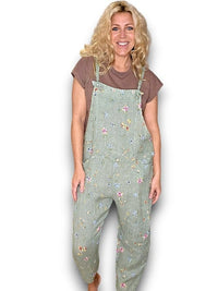 HELGA MAY_LINEN JUMPSUIT TIE IT YOUR WAY WINDY BLOOM SAGE _ LINEN JUMPSUIT TIE IT YOUR WAY WINDY BLOOM SAGE _ Ebony Boutique NZ