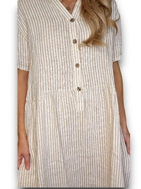 HELGA MAY_LINEN MIDI DRESS COCONUT BUTTON STRIPE BEIGE _ LINEN MIDI DRESS COCONUT BUTTON STRIPE BEIGE _ Ebony Boutique NZ