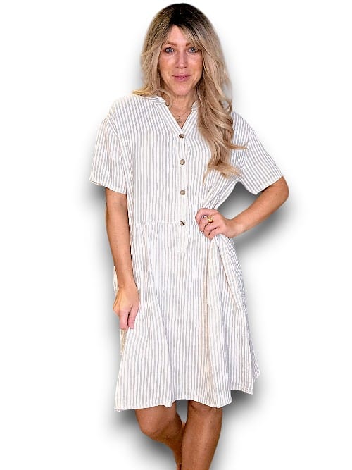 HELGA MAY_LINEN MIDI DRESS COCONUT BUTTON STRIPE BEIGE _ LINEN MIDI DRESS COCONUT BUTTON STRIPE BEIGE _ Ebony Boutique NZ