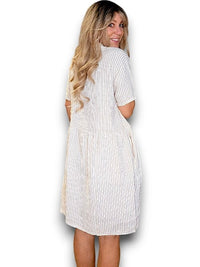 LINEN MIDI DRESS COCONUT BUTTON STRIPE BEIGE_by_HELGA MAY_women's_in_New Zealand_ HELGA MAY_LINEN MIDI DRESS COCONUT BUTTON STRIPE BEIGE _ LINEN MIDI DRESS COCONUT BUTTON STRIPE BEIGE _ Ebony Boutique NZ _
