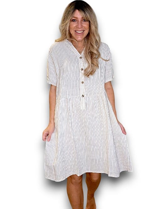 LINEN MIDI DRESS COCONUT BUTTON STRIPE BEIGE_by_HELGA MAY_women's_in_New Zealand_ HELGA MAY_LINEN MIDI DRESS COCONUT BUTTON STRIPE BEIGE _ LINEN MIDI DRESS COCONUT BUTTON STRIPE BEIGE _ Ebony Boutique NZ _