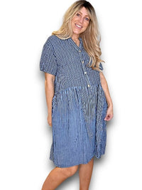 LINEN MIDI DRESS COCONUT BUTTON STRIPE CHARCOAL_by_HELGA MAY_women's_in_New Zealand_ HELGA MAY_LINEN MIDI DRESS COCONUT BUTTON STRIPE CHARCOAL _ LINEN MIDI DRESS COCONUT BUTTON STRIPE CHARCOAL _ Ebony Boutique NZ _