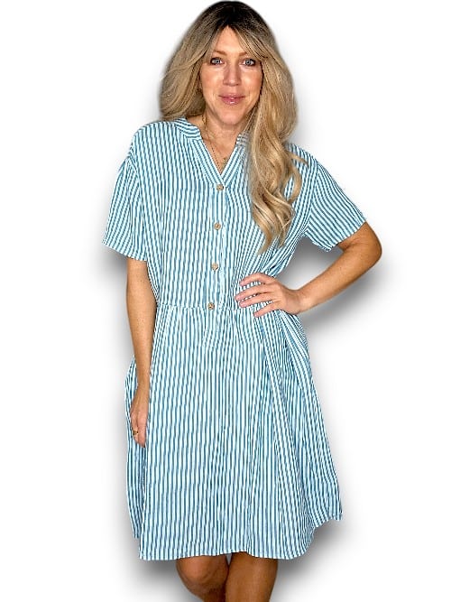 HELGA MAY_LINEN MIDI DRESS COCONUT BUTTON STRIPE LIGHT TURQUOISE _ LINEN MIDI DRESS COCONUT BUTTON STRIPE LIGHT TURQUOISE _ Ebony Boutique NZ