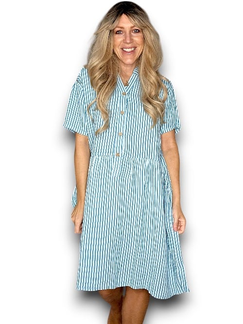 HELGA MAY_LINEN MIDI DRESS COCONUT BUTTON STRIPE LIGHT TURQUOISE _ LINEN MIDI DRESS COCONUT BUTTON STRIPE LIGHT TURQUOISE _ Ebony Boutique NZ