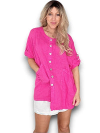 HELGA MAY_LINEN PEARL BUTTONS SHIRT HOT PINK _ LINEN PEARL BUTTONS SHIRT HOT PINK _ Ebony Boutique NZ