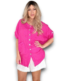 HELGA MAY_LINEN PEARL BUTTONS SHIRT HOT PINK _ LINEN PEARL BUTTONS SHIRT HOT PINK _ Ebony Boutique NZ