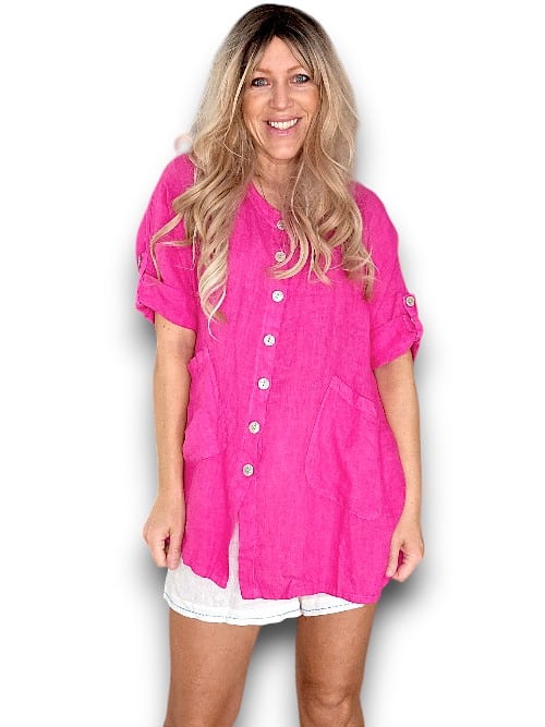 HELGA MAY_LINEN PEARL BUTTONS SHIRT HOT PINK _ LINEN PEARL BUTTONS SHIRT HOT PINK _ Ebony Boutique NZ