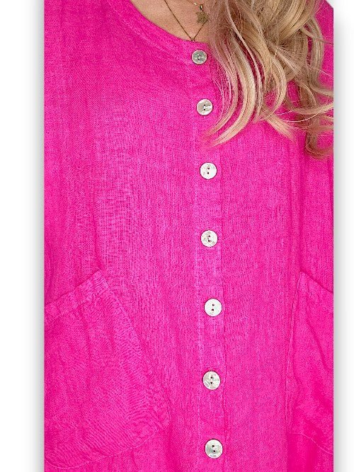 HELGA MAY_LINEN PEARL BUTTONS SHIRT HOT PINK _ LINEN PEARL BUTTONS SHIRT HOT PINK _ Ebony Boutique NZ