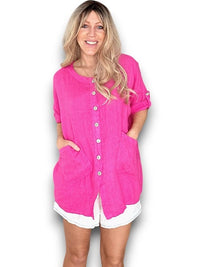 HELGA MAY_LINEN PEARL BUTTONS SHIRT HOT PINK _ LINEN PEARL BUTTONS SHIRT HOT PINK _ Ebony Boutique NZ