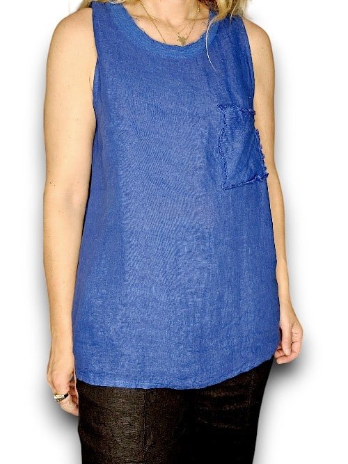 HELGA MAY_LINEN SLEEVELESS TANK TOP GAUSE NECK COBALT _ LINEN SLEEVELESS TANK TOP GAUSE NECK COBALT _ Ebony Boutique NZ