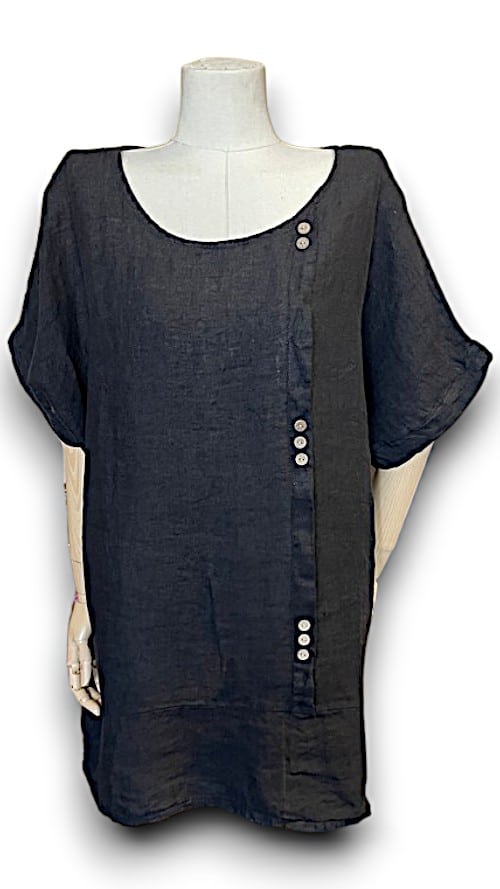 HELGA MAY_LINEN TEE WITH COCONUT BUTTON DETAIL BLACK _ LINEN TEE WITH COCONUT BUTTON DETAIL BLACK _ Ebony Boutique NZ