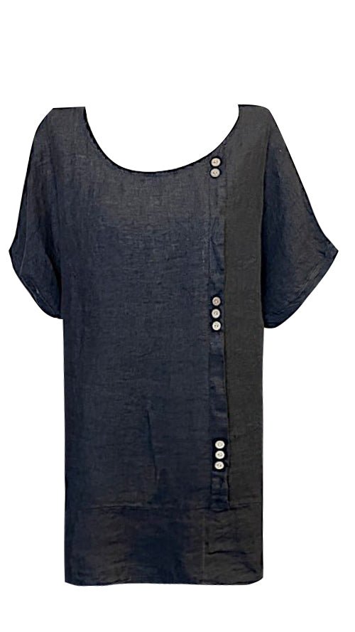 HELGA MAY_LINEN TEE WITH COCONUT BUTTON DETAIL BLACK _ LINEN TEE WITH COCONUT BUTTON DETAIL BLACK _ Ebony Boutique NZ