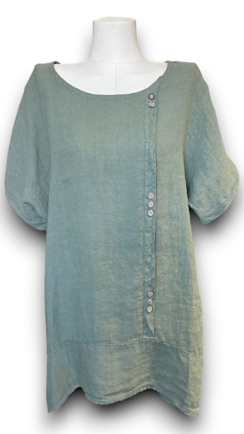 HELGA MAY_LINEN TEE WITH COCONUT BUTTON DETAIL SAGE _ LINEN TEE WITH COCONUT BUTTON DETAIL SAGE _ Ebony Boutique NZ