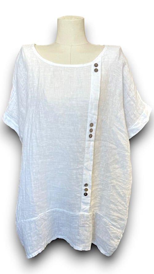HELGA MAY_LINEN TEE WITH COCONUT BUTTON DETAIL WHITE _ LINEN TEE WITH COCONUT BUTTON DETAIL WHITE _ Ebony Boutique NZ