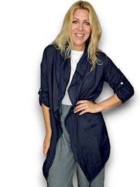 HELGA MAY_LONG DRAWSTRING JACKET LINEN NAVY _ LONG DRAWSTRING JACKET LINEN NAVY _ Ebony Boutique NZ