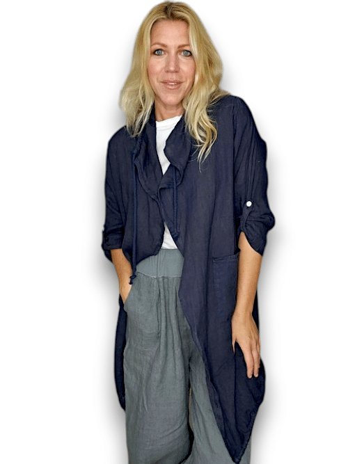 HELGA MAY_LONG DRAWSTRING JACKET LINEN NAVY _ LONG DRAWSTRING JACKET LINEN NAVY _ Ebony Boutique NZ