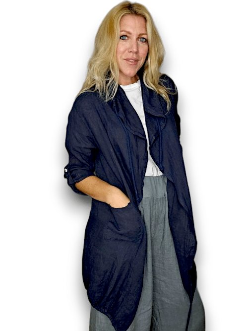 HELGA MAY_LONG DRAWSTRING JACKET LINEN NAVY _ LONG DRAWSTRING JACKET LINEN NAVY _ Ebony Boutique NZ