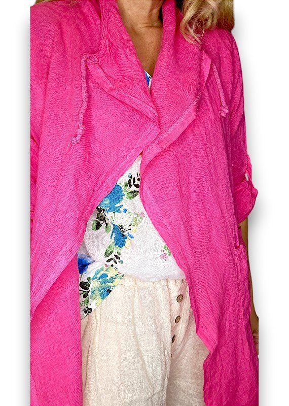 HELGA MAY_LONG DRAWSTRING LINEN JACKET HOT PINK _ LONG DRAWSTRING LINEN JACKET HOT PINK _ Ebony Boutique NZ