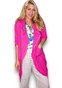 HELGA MAY_LONG DRAWSTRING LINEN JACKET HOT PINK _ LONG DRAWSTRING LINEN JACKET HOT PINK _ Ebony Boutique NZ