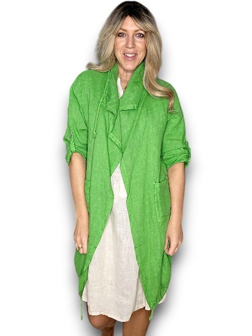 HELGA MAY_LONG DRAWSTRNG LINEN JACKET BRIGHT GREEN _ LONG DRAWSTRNG LINEN JACKET BRIGHT GREEN _ Ebony Boutique NZ